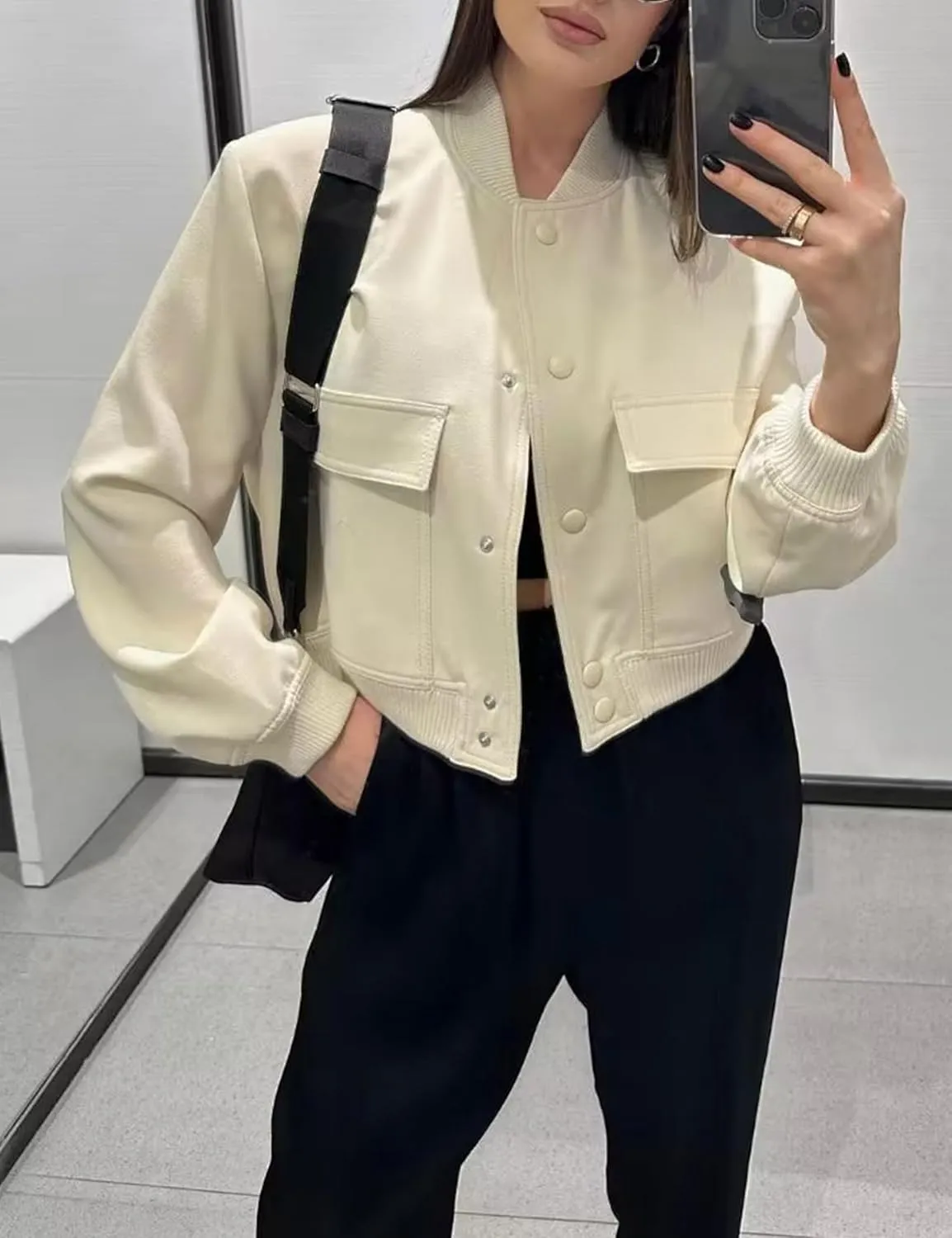 Zontroldy Women's Cropped Casual Long Sleeve Varsity Jacket Bomber Jackets Y2k Streetwear Shacket with Pockets