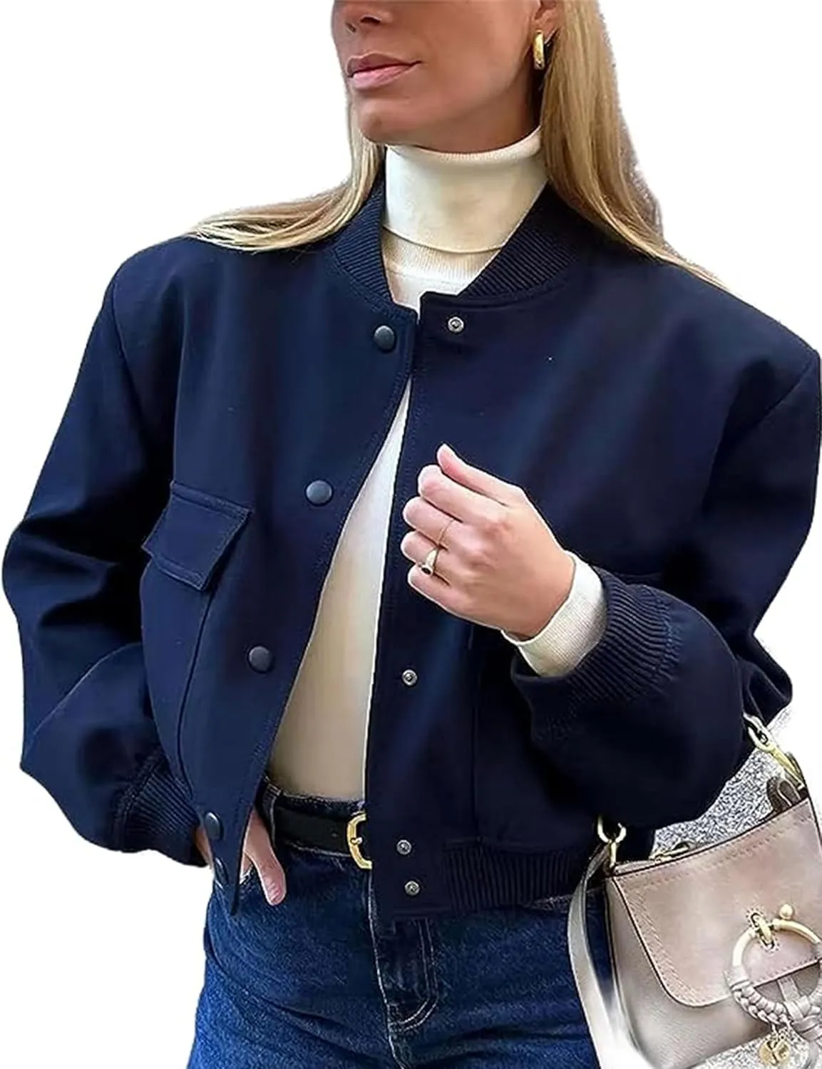 Zontroldy Women's Cropped Casual Long Sleeve Varsity Jacket Bomber Jackets Y2k Streetwear Shacket with Pockets