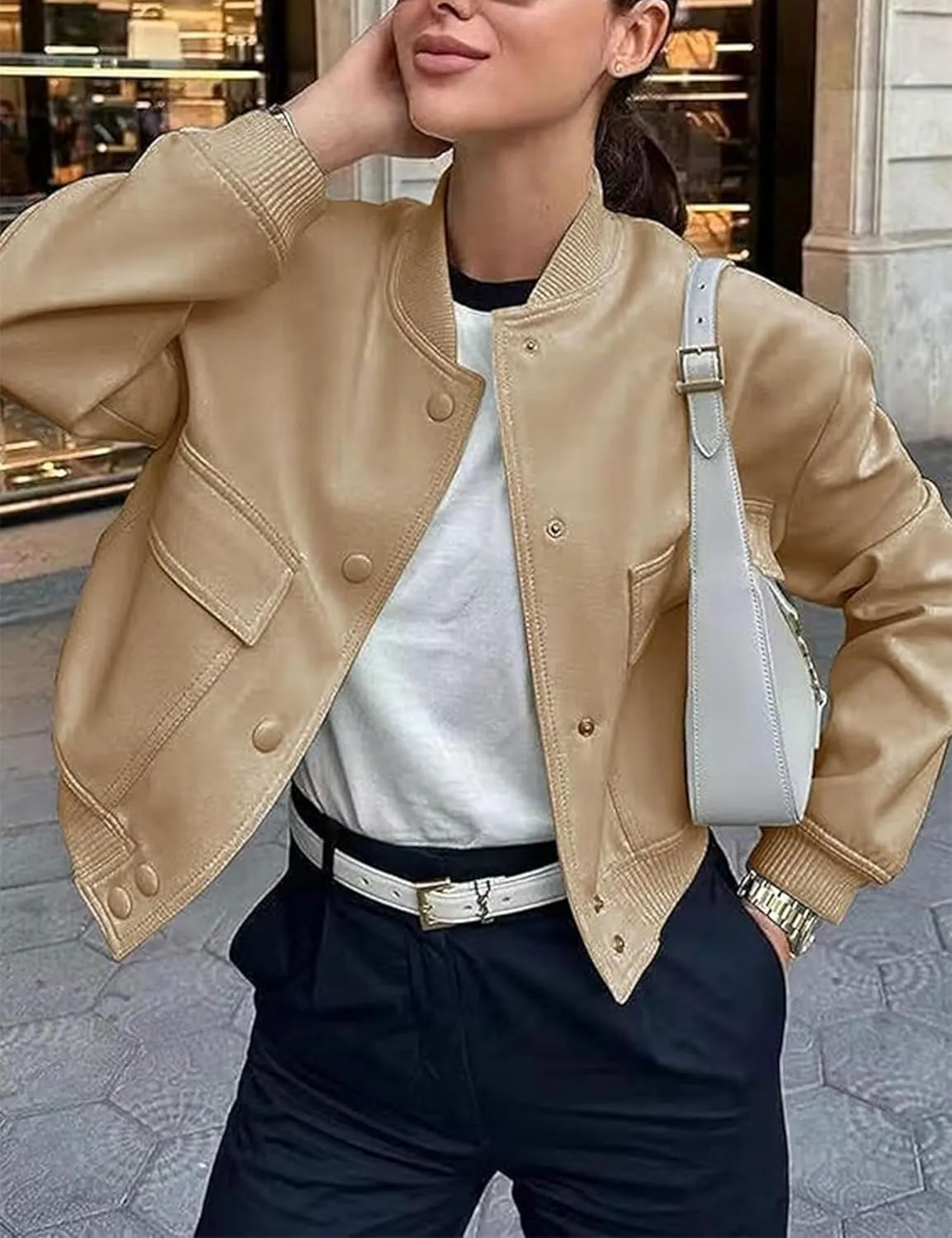 Zontroldy Women's Cropped Casual Long Sleeve Varsity Jacket Bomber Jackets Y2k Streetwear Shacket with Pockets