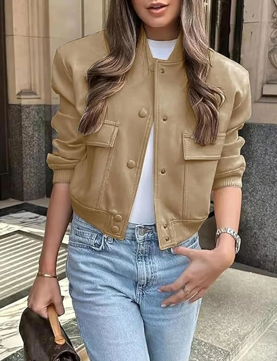 Zontroldy Women's Cropped Casual Long Sleeve Varsity Jacket Bomber Jackets Y2k Streetwear Shacket with Pockets